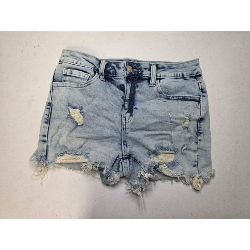 Zenana Womens Light Wash Distressed Denim Shorts Frayed Hem Size S